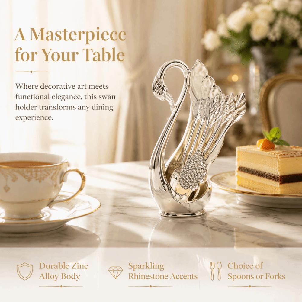 7pcs Zinc Alloy Material Coffee Spoons Set Modern Style Swan Shaped Teaspoons Set Rhinestone Inlaid Table Organizer