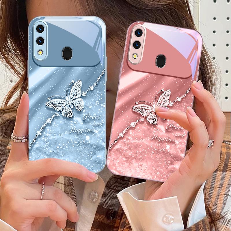 Элегантная синяя бабочка Для Samsung A73 72 71 A70 56 55 54 A53 52 51 50 42 A35 A34 33 32 31 26 25 24 23 22 30 стеклянный чехол для телефона