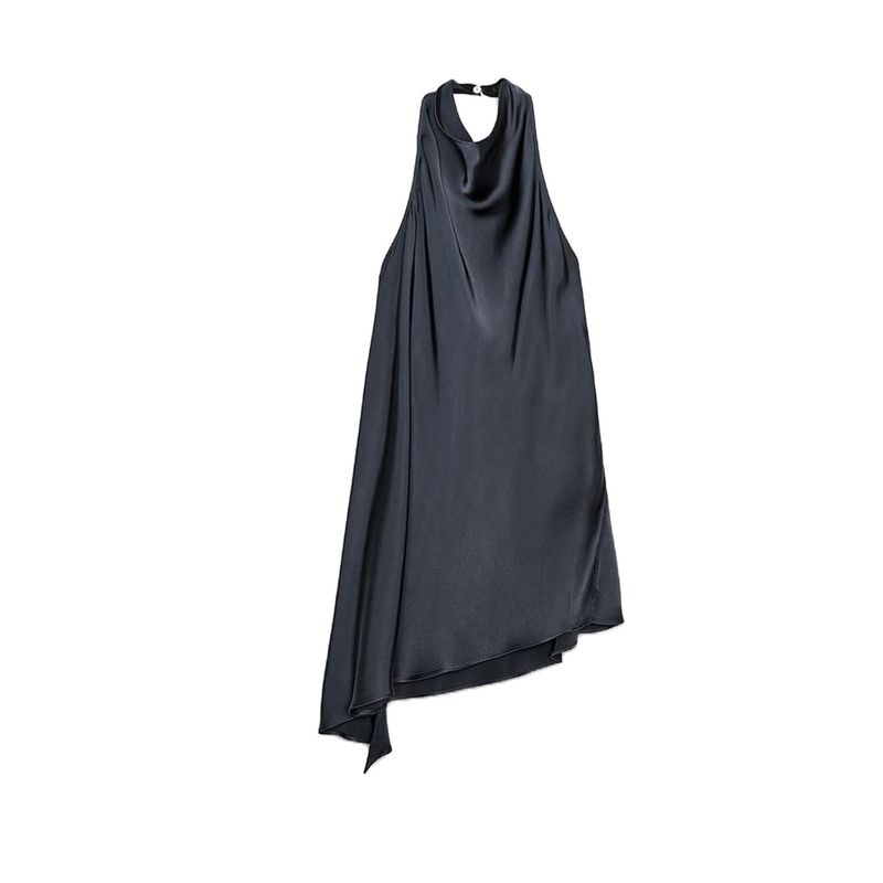 Summer New Product Women's Clothes Fashion Style Asymmetric Hem Silk Satin Texture Hanging Collar Short Top 2754100