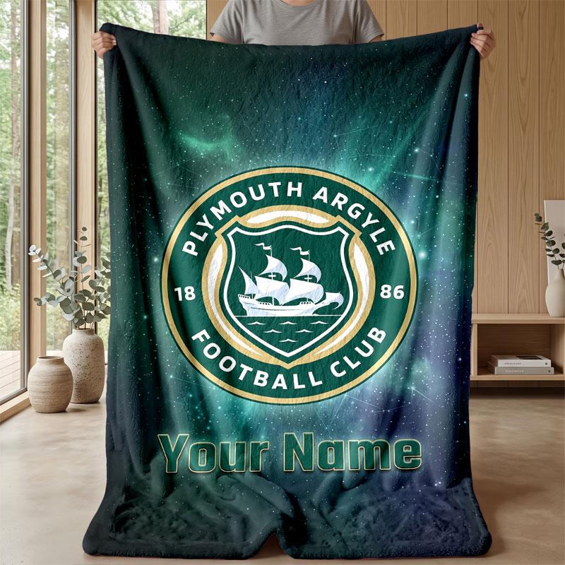 Plymouth Argyle FC Custom Name Text Flannel Blanket Soccer Logo Personalized Fleece Throw Blanket Special Gift For Sofa Bedroom Home