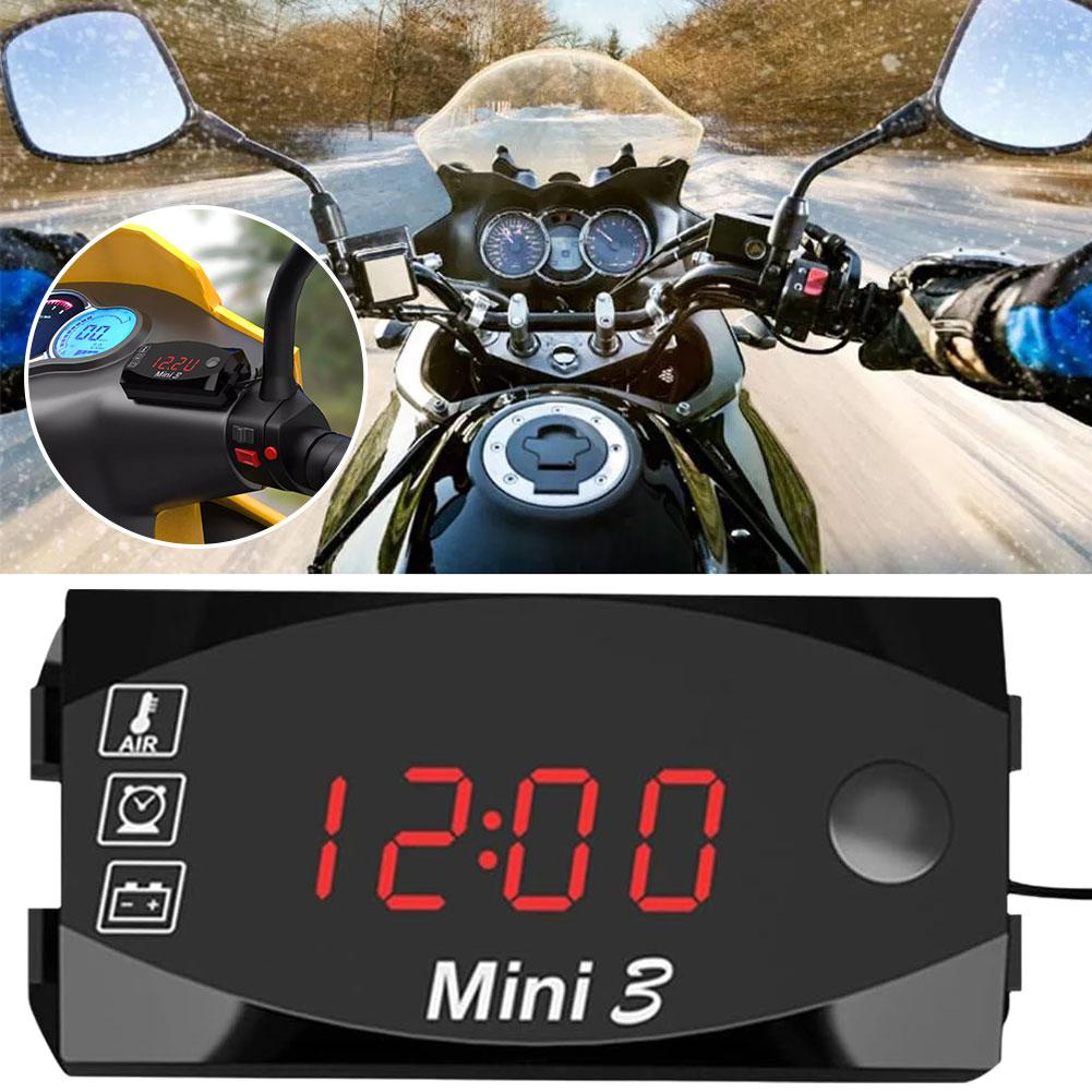 3 In 1 Motorcycle Voltmeter Electronic Clock IP67 Waterproof Thermometer Universal Voltmeter LED Clock Digital Watch Dustpr M2T5