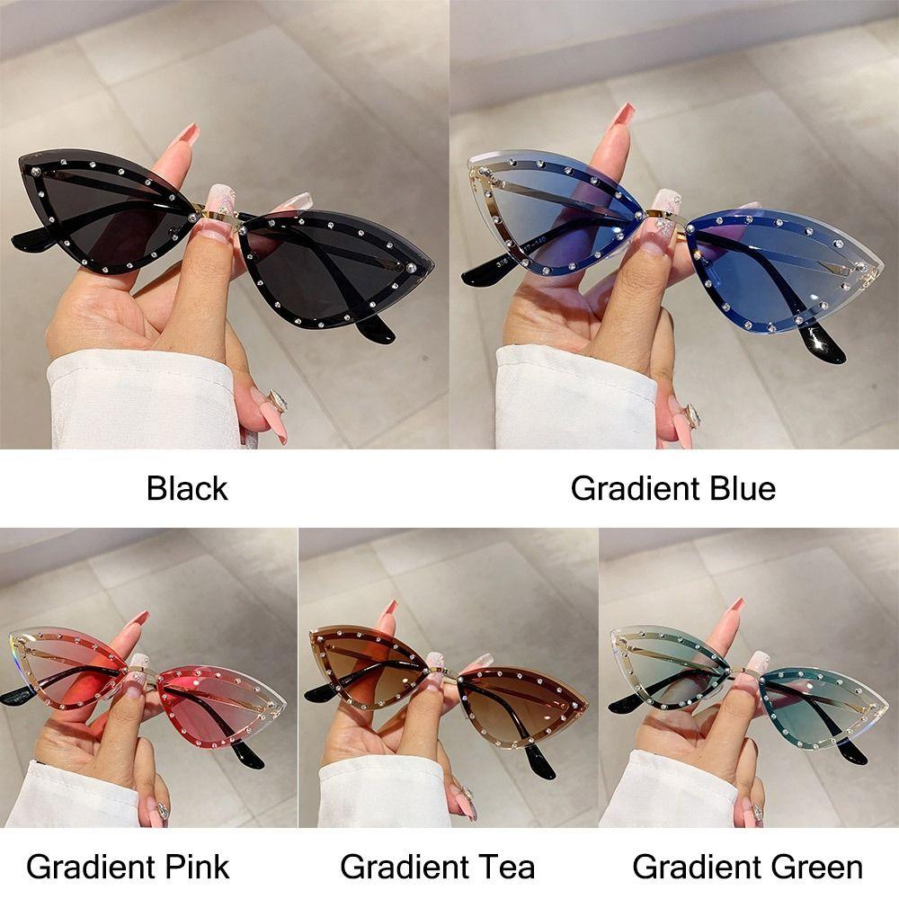 Multicolor Cat Eye Sunglasses Gradient Rhinestones Eyewear Vintage Rimless Shades for Women & Men
