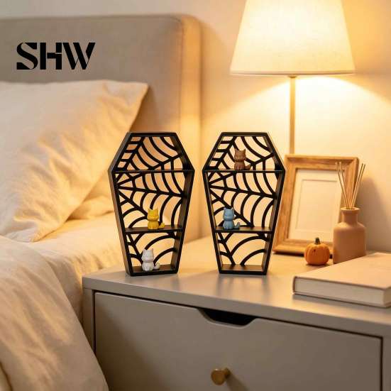 Gothic Style Home Accents Coffin-Shaped Spider Web Display Shelf, 3D Printed Tiered Mini Stand Figurine, Shelf Halloween Black Hollow Rack for