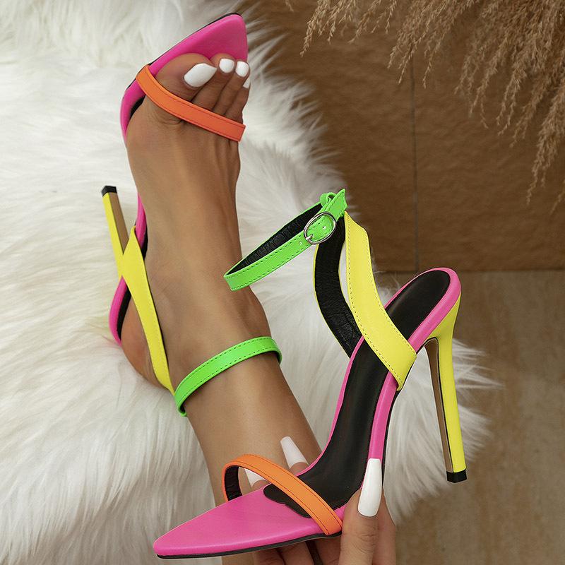 Fashion Mixed Colors Women Sexy Stiletto Sandals Pointed Toe Buckle Strap High Heels Summer Party Prom Shoes Size 36-42 Chaussures Femme