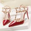 Hot Selling Luxury Nightclub Dance Slim Heels High Heels Patent Leather Rivets Sexy Banquet Women's Shoes Classic Roman Sandals