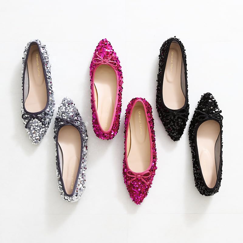 Балетки Пуанты 41315 см [Oriental Traffic] Туфли-лодочки, Обувь, Балетки, Носок, Блестки, Сверкающие, Лента, Повод, Великолепные, Женские, СЕРЫЙ, 26.0