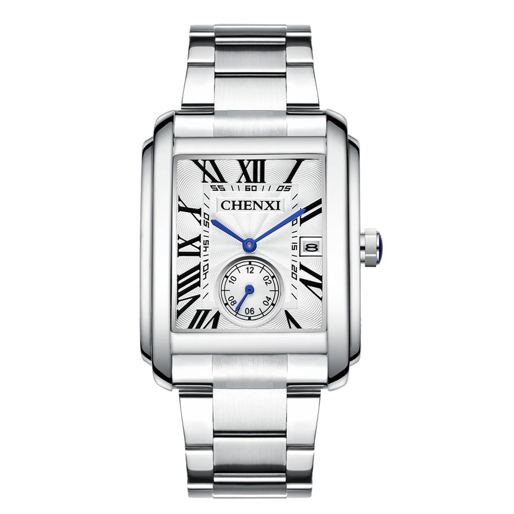 Square Watch 3ATM Waterproof Stainless Steel Roman Alphabet Analog Calendar Quartz Watch Casual Watch Simple Stylish Silver Fashion Accessories Day