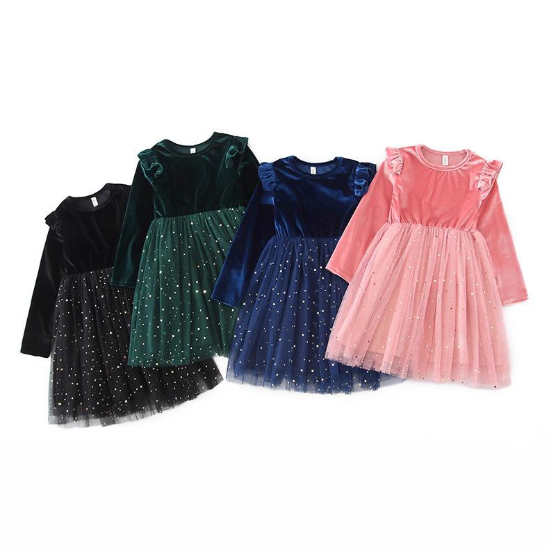 Ruffle edge long-sleeved dress princess Christmas party performance clothes children's winter clothing star mesh dress