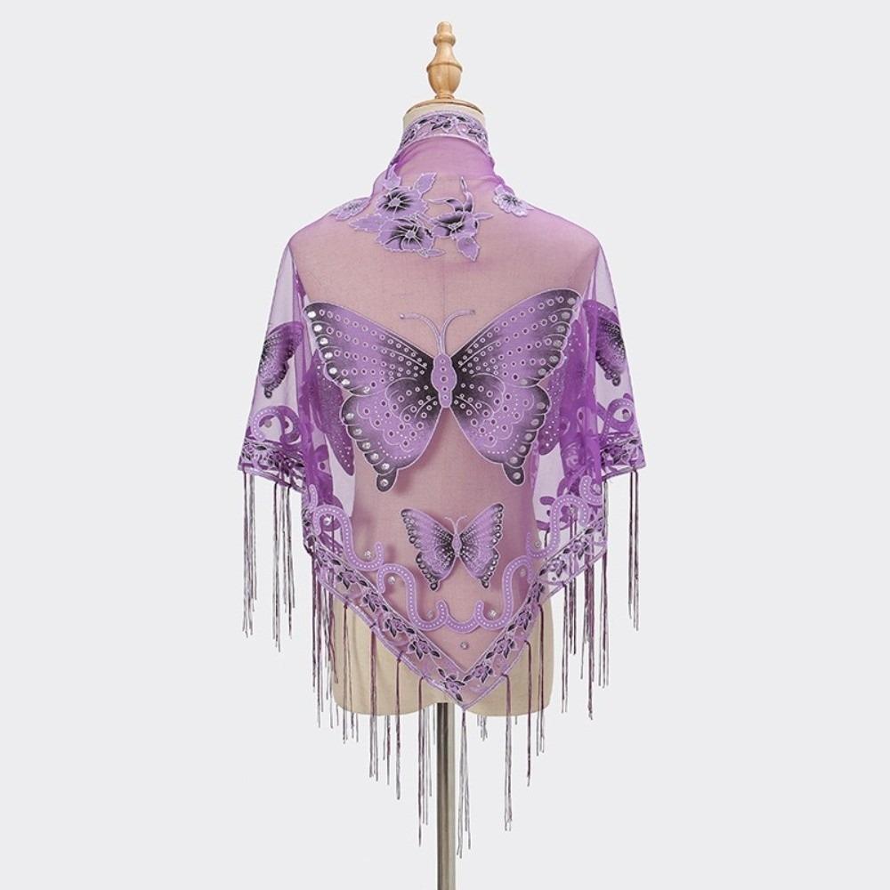 Butterfly Lace Hollow Scarf Polyester Mesh Scarves Elegant Tassel Triangle Shawl Church