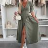 Women's Denim Long Dress V-Neck Short Sleeve Button Down Maxi Dress Casual