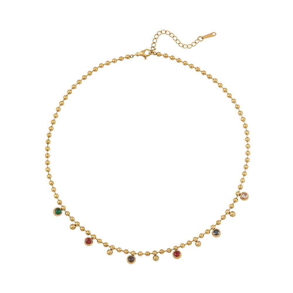 Vintage retro colored treasure small gold bead necklace French multi-color round zirconium round bead collarbone chain light luxury titanium steel