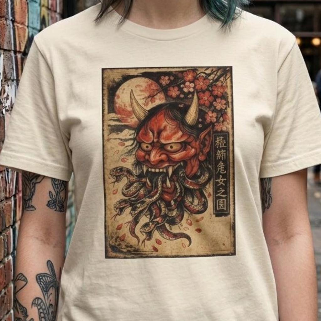 Винтажная японская маска демона футболка, искусство Они со змеями, Comfort Colors