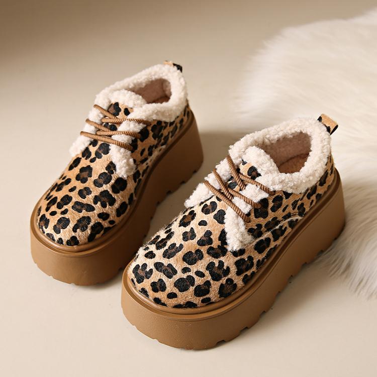 Женские туфли на плоской подошве с леопардовым принтом на меховой платформе из замши и плюша из хлопка, зимняя теплая повседневная спортивная обувь для женщин 2025 года, тренд на шнуровке, Zapatos Mujer