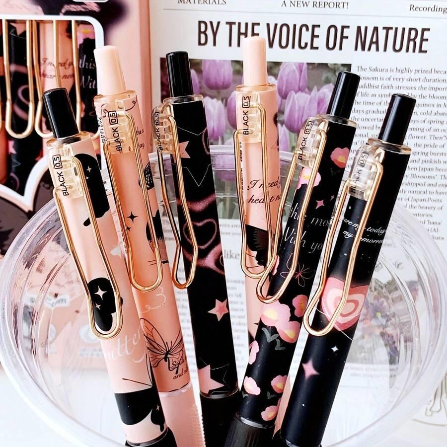 Набор гелевых ручек с бабочками, 6 шт., 0,5 мм, черные чернила, с цветком, розой, милые шариковые ручки для письма, школьные принадлежности для студентов