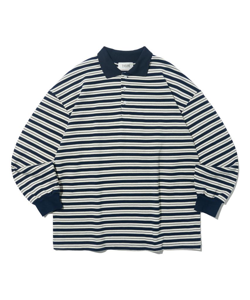 TAILOR STUDIO Oxford Striped Collared Long Sleeve Tee (Navy/White)