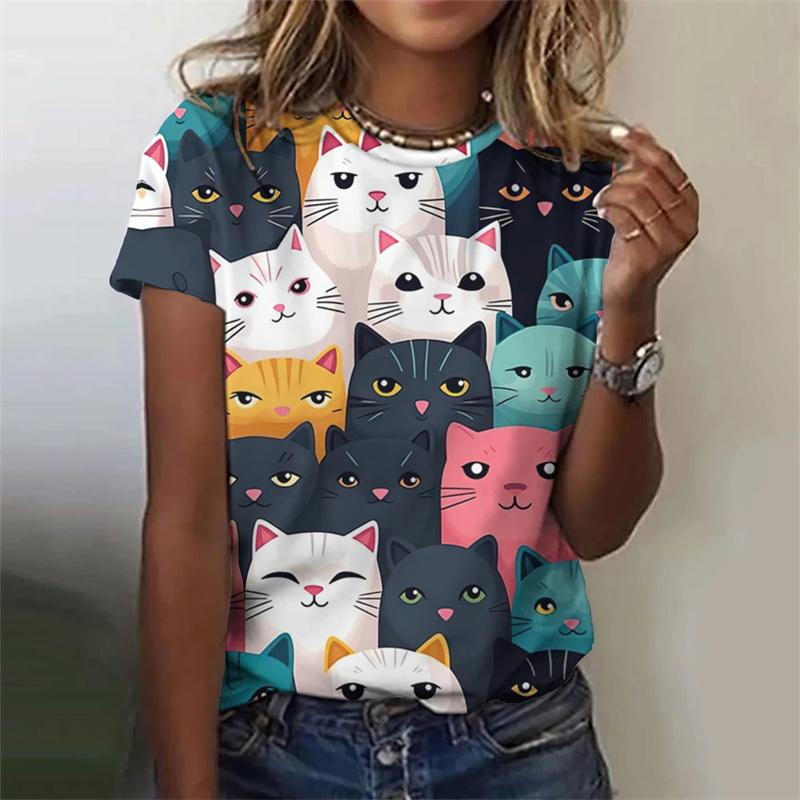 Летний топ с круглым вырезом и принтом 3D Cat, модные повседневные женские футболки с короткими рукавами