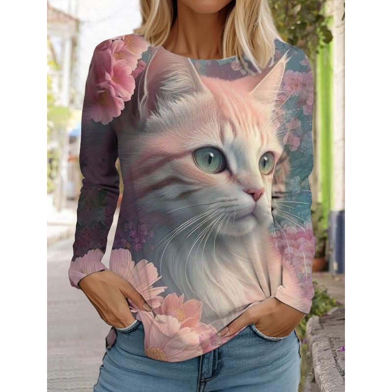 Autumn and Winter Women's Long Sleeve 3D Printed Kitten Cute Print T-Shirt Women's Streetwear Round Neck Long Sleeve