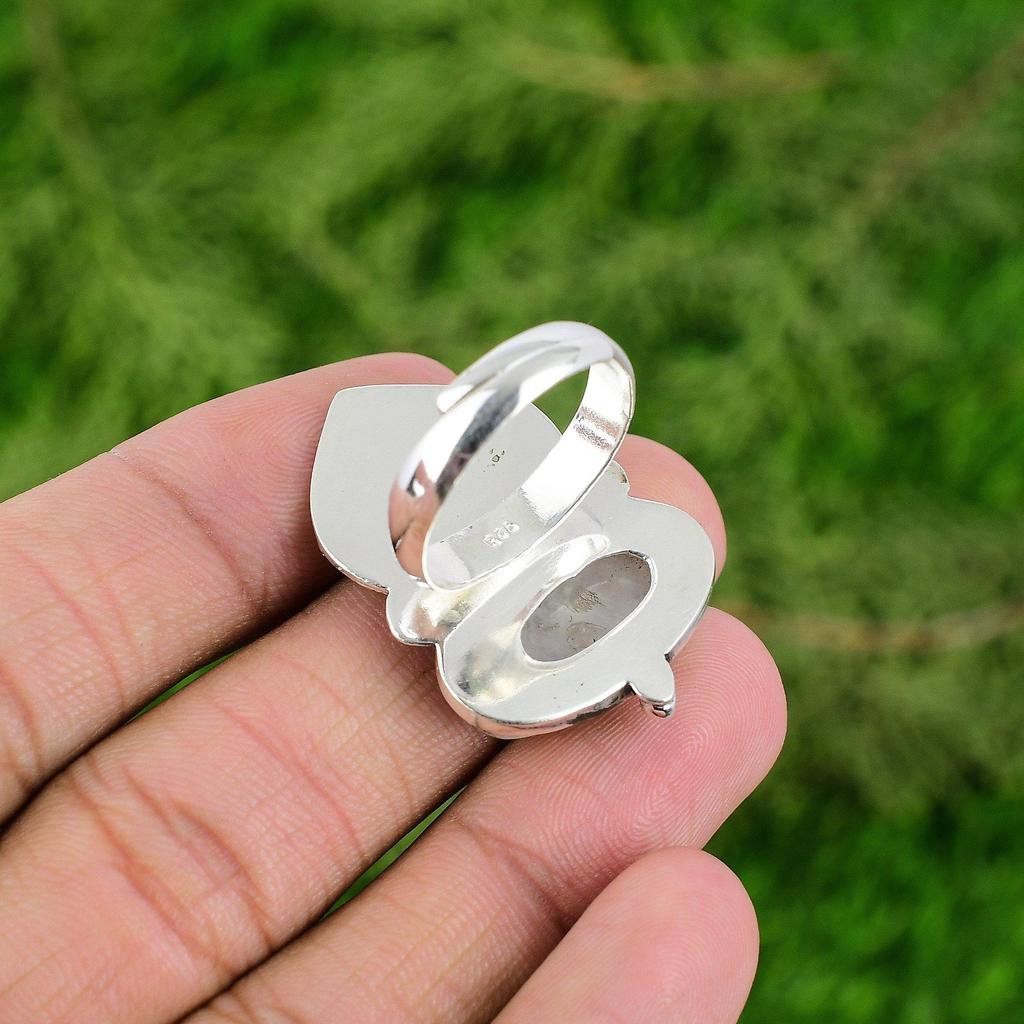 Подарок для неё Натуральный Радужный Лунный Камень Заявление Птица Регулируемое Кольцо 925 Серебро