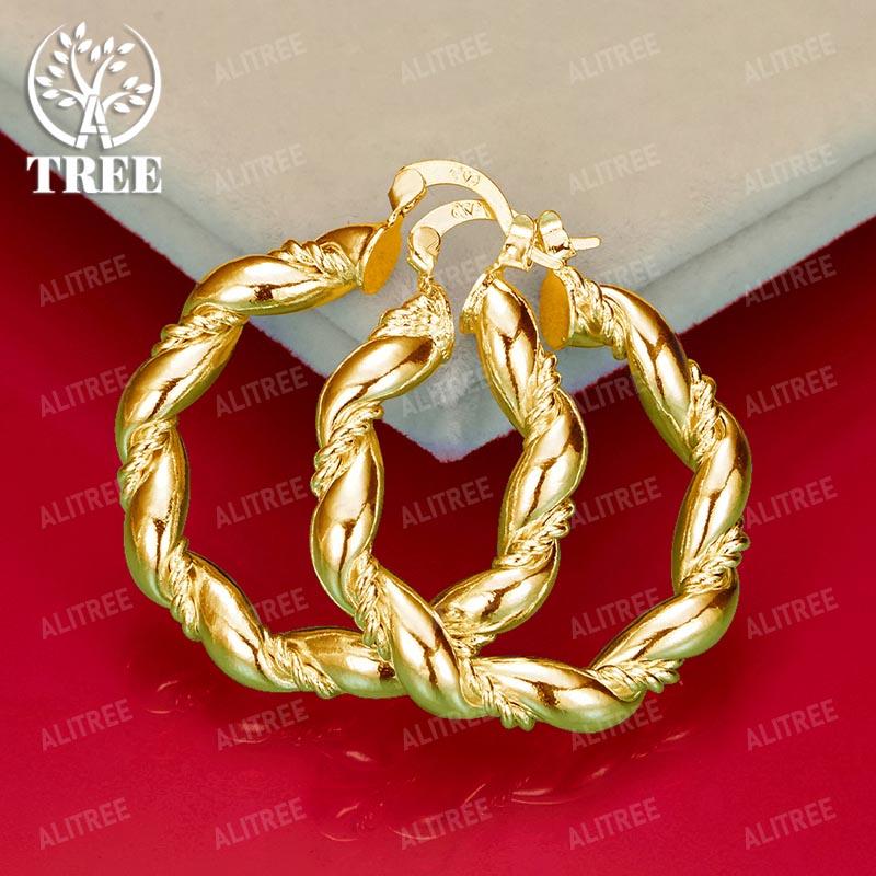 ALITREE 18K Gold 925 Sterling Silver 30mm Rope Earrings For Women Wedding Banquet Engagement Party Fashion Charm Jewelry Gifts