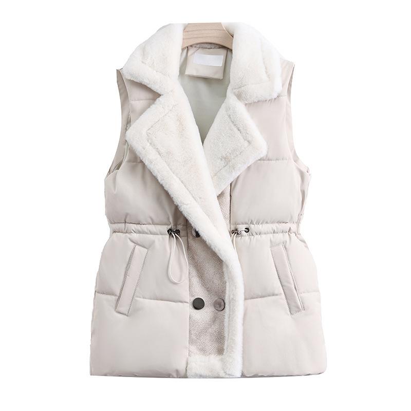 Lamb Wool Splicing Down Cotton Vest Women Wear Outside In Winter Autumn and Winter New Fur Integrated Lapel Drawstring Vest
