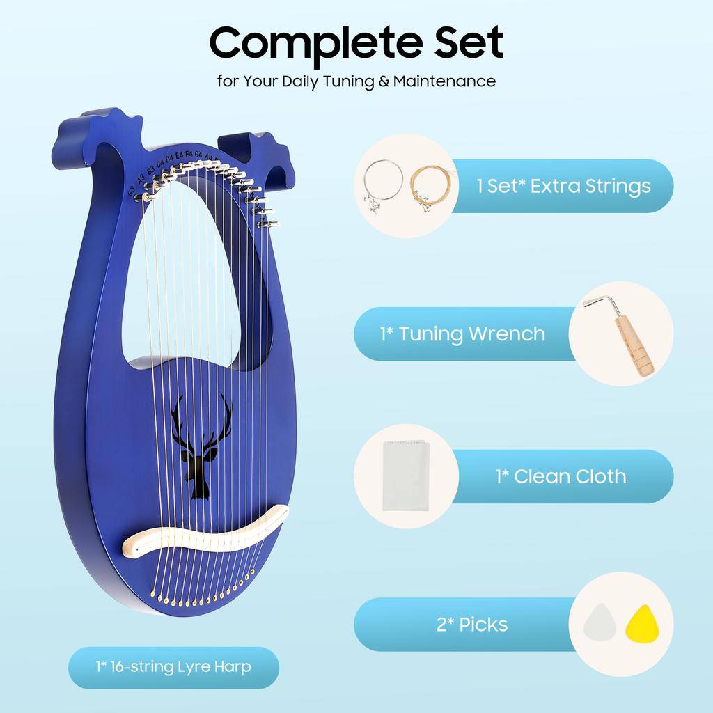Синяя 16-струнная лира-арфа из цельного махагони, дизайн в виде рогов, портативный музыкальный инструмент для взрослых, начинающих, детей, подарок, для практики, для путешествий