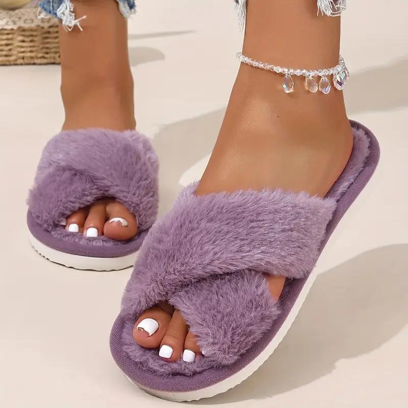 Женские уютные плюшевые шлепанцы с перекрестным ремешком - Мягкая подкладка из искусственного меха, Теплая подошва из ЭВА, Дизайн с открытым носком для домашних тапочек для помещений и улицы