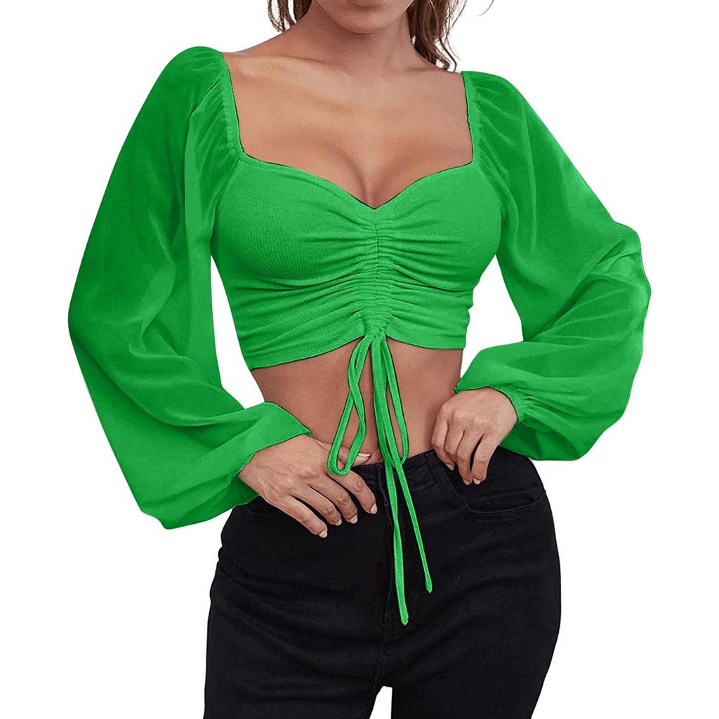 Ladies Casual Solid Color Square Neck Pullover Mesh Splicing Sexy Fashion Top