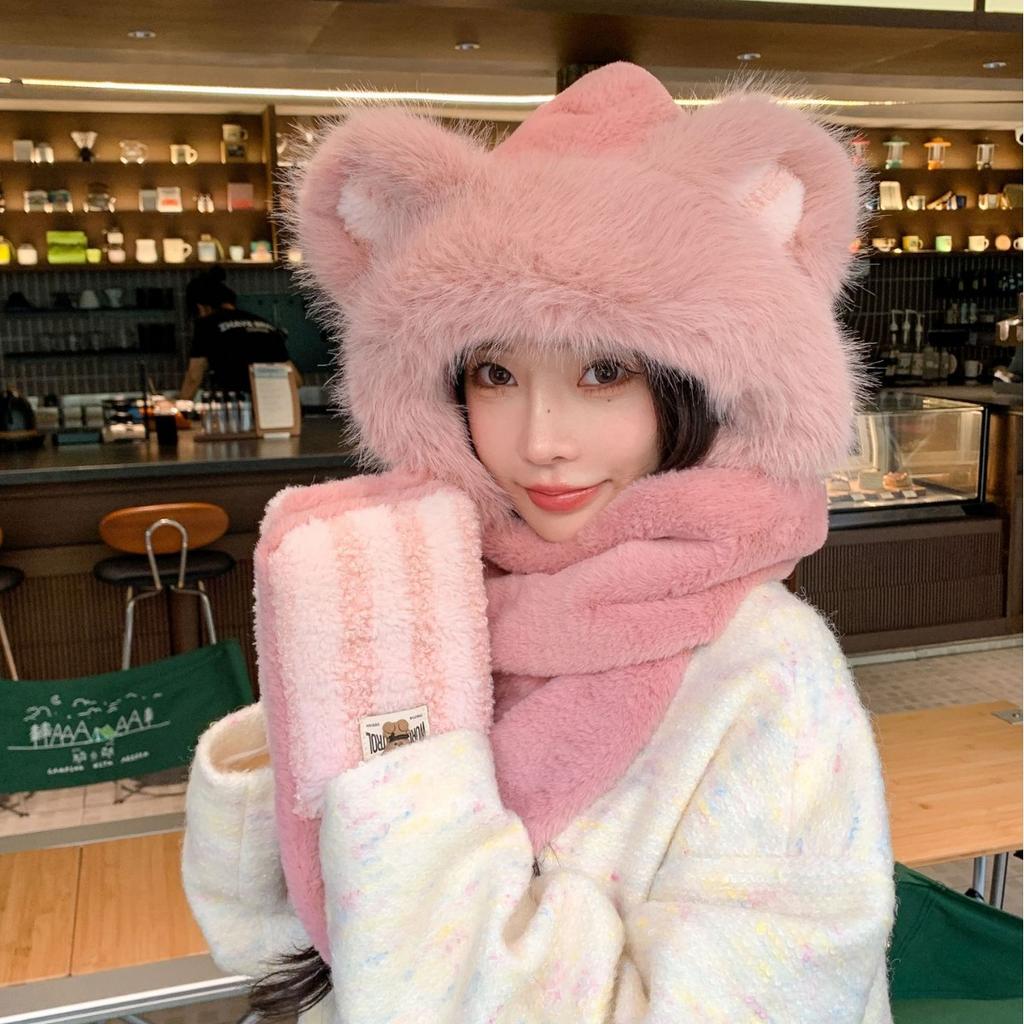 New Winter Plush Warm Cute Bear Hat Autumn and Winter Plus Velvet Thickened Ear Protection Hat Scarf Integrated Hood