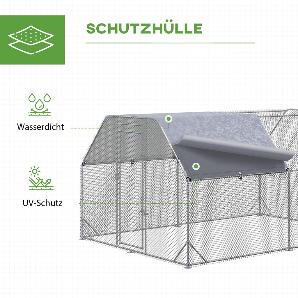 Chicken Run Chicken Coop Chicken Enclosure, Walk-In, Lockable Door, for 10-12 Chickens, 280 cm x 380 cm x 195 cm, Grey