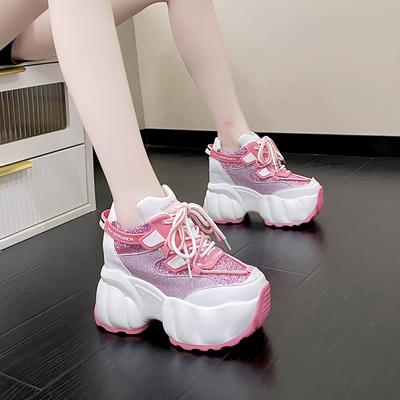 Модные 10 см розовые новые женские блестящие массивные кроссовки на дышащей платформе, спортивная обувь для женщин, повседневная обувь на толстой подошве со шнуровкой