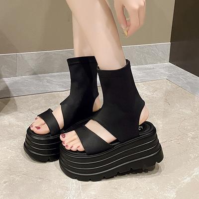 Ботильоны на толстой подошве, увеличивающие рост и стройнящие, для женского летнего сезона 2025 года, новая верхняя одежда, универсальные ботильоны-чулки на одной педали с открытым носком, крутые ботильоны
