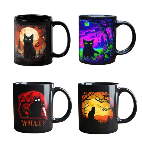 Personalized Black Cat Mug Ceramic Coffee Mug Double-Sided Printing Tea Cup Halloween Novelty Drinkware for Cat Lovers