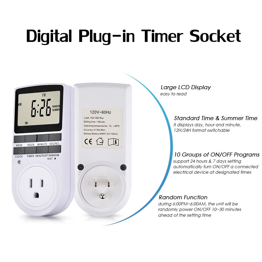 Pack of 2 Digital Plug-in Timer Socket LCD Display 10 Programmable Switching Programs 24 Hours & 7