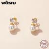 WOSTU Genuine 925 Sterling Silver Love Shell Pearl Drop Earrings for Women Plated Gold Earrings Jewelry