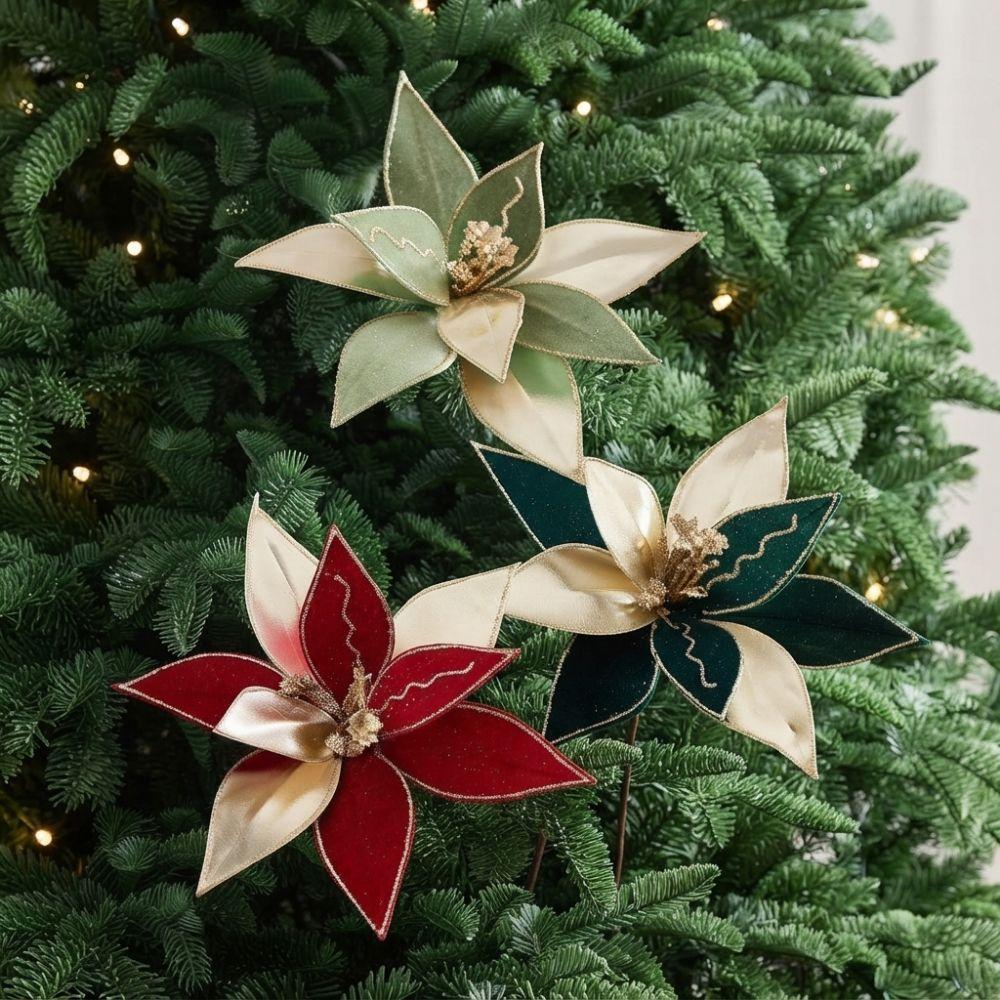 Fake Flower Artificial Christmas Flower Glitter Edge Christmas Tree Ornaments Table Centerpiece