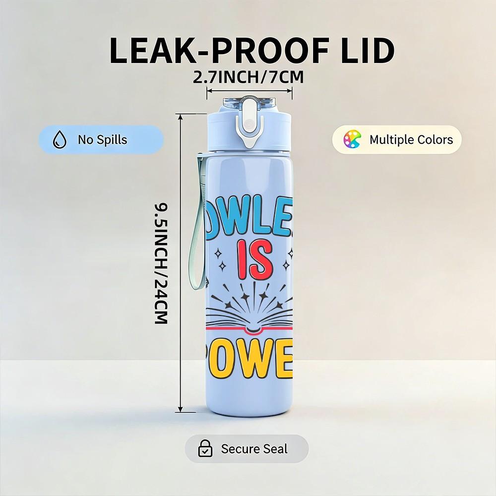 1PC Knowledge Is Power Vintage Badge Art 750ml Color Plastic Sports Water Bottle Leakproof Flip Straw Lid Suitable for Sports Office Home Use