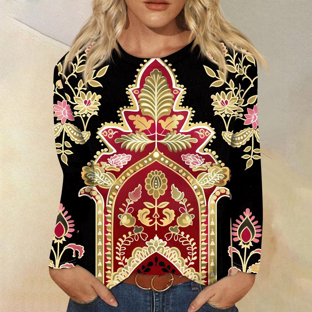 Женская мода Повседневная ретро-принт с круглым вырезом и длинным рукавом Декоративная футболка Топ