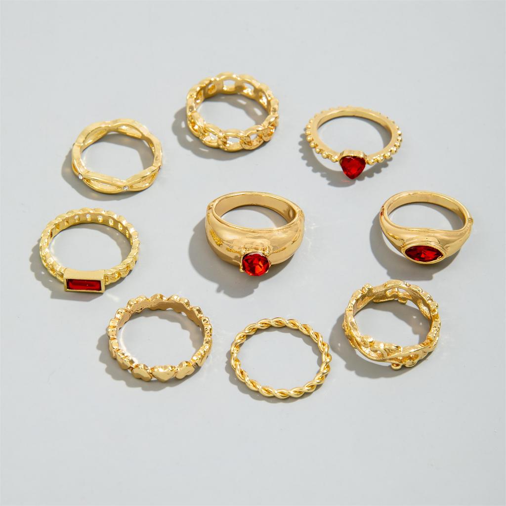 Набор модных геометрических колец в корейском стиле из 9 штук с ретро цветными камнями и металлической резьбой, подходит для женских украшений