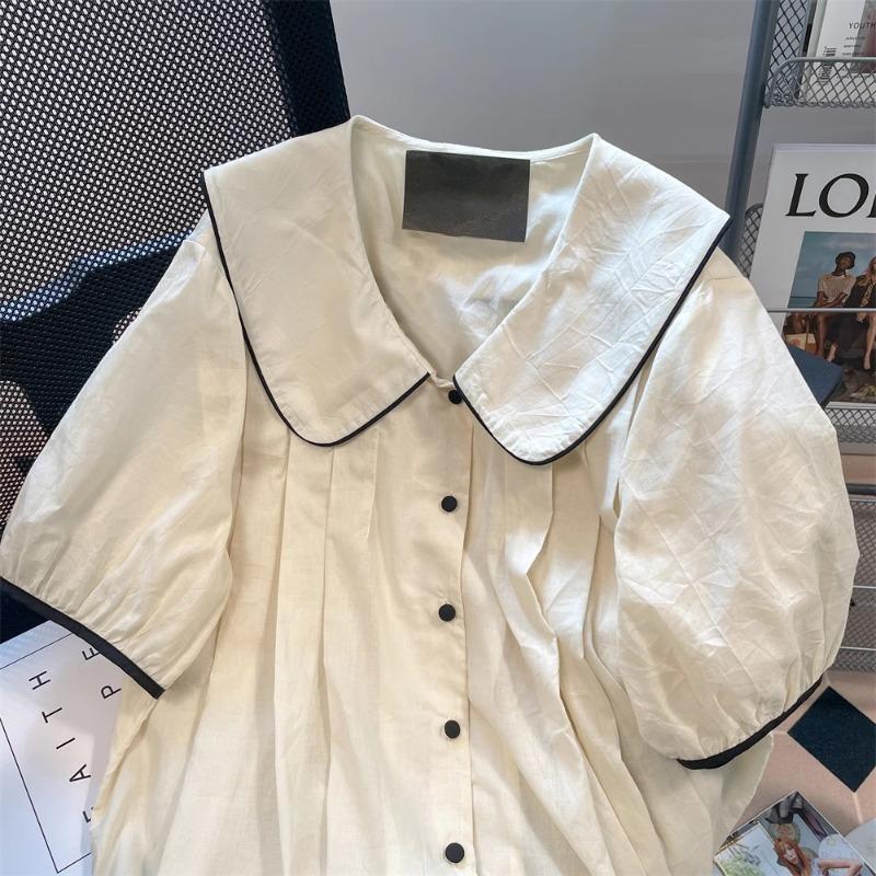 Shirt Puff Sleeve French Gentle Cute And Versatile Peter Pan Collar Womens Short Sleeve Blouse Summer Loose Blusas