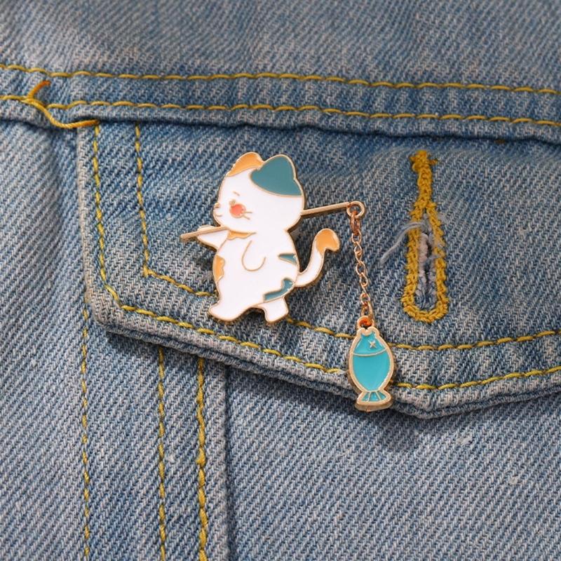 Cat Fishing Brooch Cute Cartoon Fishing Cat Brooch Cowboy Badges Pin Alloy Material for Bookbags Clothes Decorations