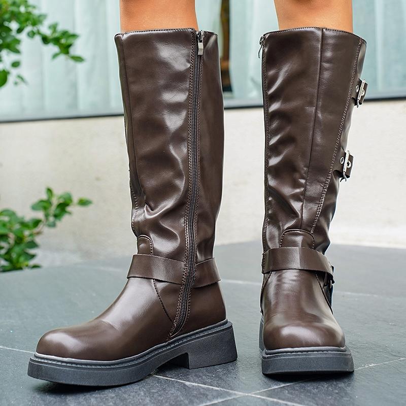 Fashion Women's Adjustable Buckle Riding Boots with Side Zipper Fashion Black PU Leather Knee High Boots Women Autumn Winter Long Botas