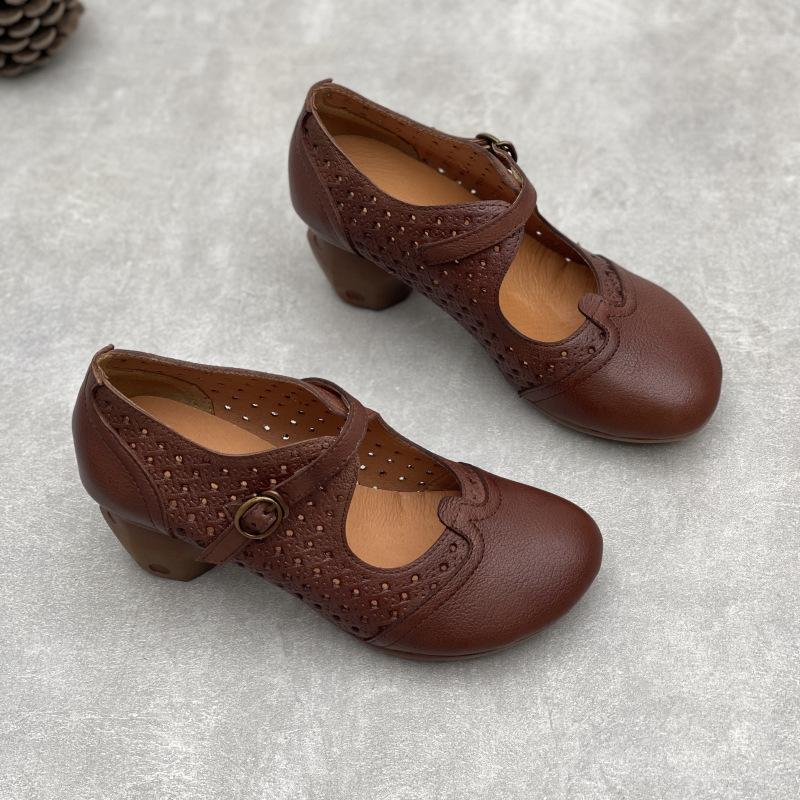 Johnature Винтажные босоножки ручной работы из натуральной кожи на высоком каблуке с выемками, дышащие женские туфли