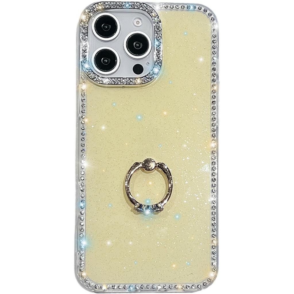 For iPhone 15 Pro Case with Ring Kickstand Rhinestone Edge TPU+PC IMD Phone Cover