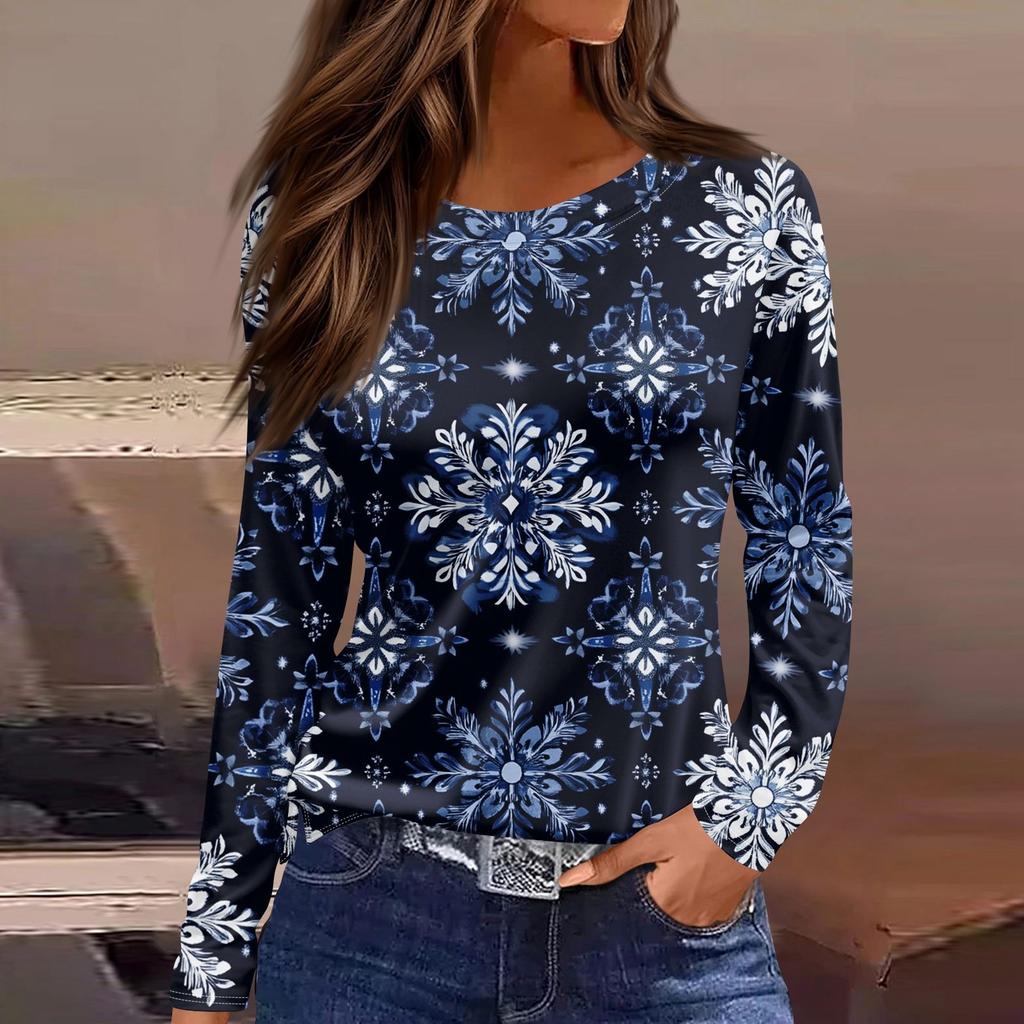 Длинные рукава женские топы цветочный принт винтажная мода повседневные свободные с R-образным вырезом рубашки больших размеров Рождество