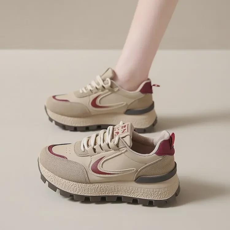 Женские кроссовки для бега Retro Maillard 2025 года, большой размер — в студенческом стиле, толстая подошва, шнуровка, весна