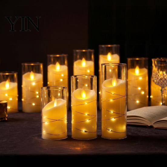 Realistic Flickering Candles for Christmas Flameless LED Candles, Battery Operated Acrylic Pillar with Embedded Wedding Table Centerpiece String, Fake