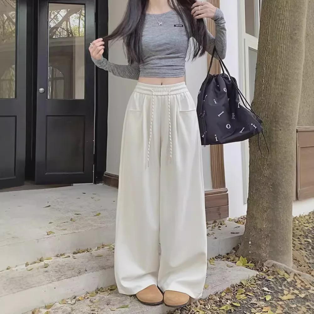 Широкие брюки с высокой талией и завязками на талии — женские повседневные спортивные брюки на осень 2024 года