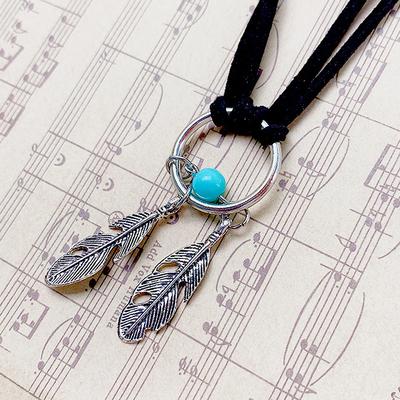 Бархатный чокер Черный кожаный чокер Ожерелье Шарм в форме пера античного цвета Многослойное цепочное ожерелье