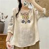 Женская летняя футболка с вышивкой в этническом стиле, рукав семь четвертей, свободного кроя, ретро, повседневный, художественный топ