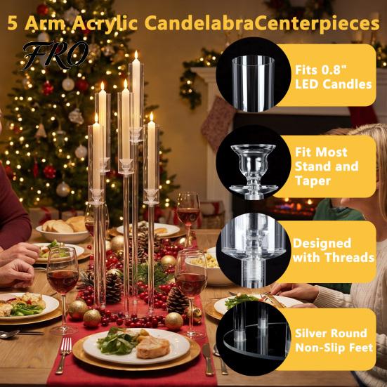 Festive Atmosphere Candle Holders 4/8Pcs Acrylic Candelabra Set with 5-Arm, Clear Wedding Party Centerpiece for 0.87" Decorative Flicker LED Candles,